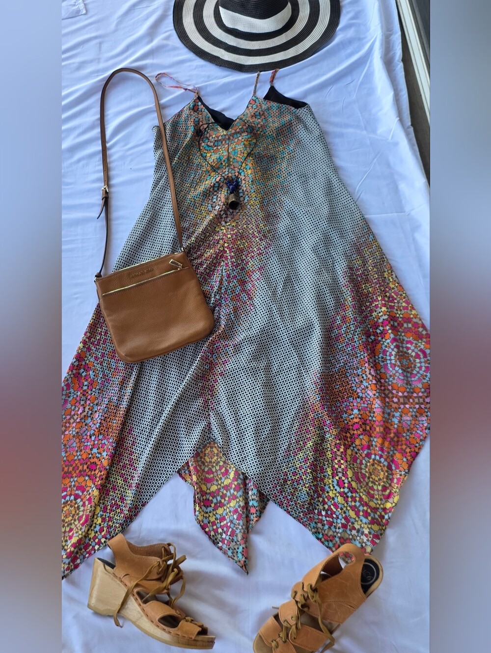 Charlie Jade Handkerchief Hem Maxi Dress Boho Mosaic Print Size S